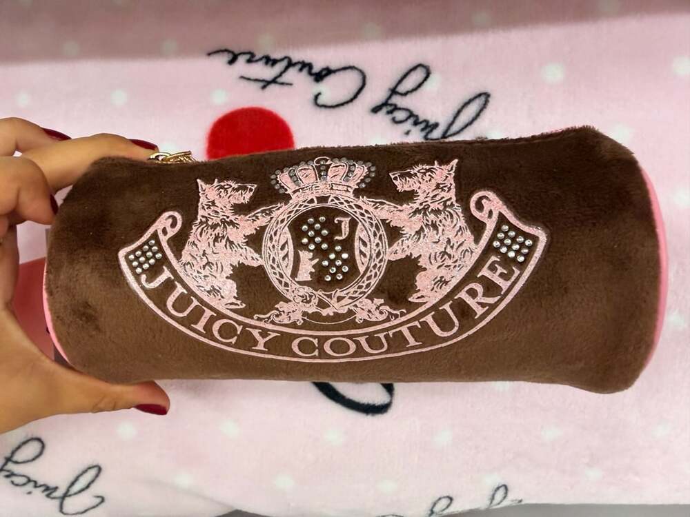 Juicy Couture Brown Velvet Barrel Makeup Bag with Pink Crest and Rhinestones NWT